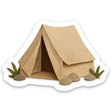 beige camping tent, paper craft style, very detailed fabric texture, pitched tent with open flap, surrounded by grass and small rocks sticker