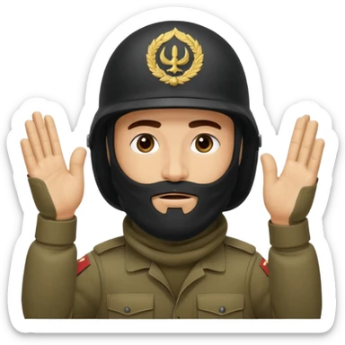 surrenders, depicts an Iraqi soldier from 1980, with a beard, in a helmet, with a balaclava, with a sad face and raised hands sticker