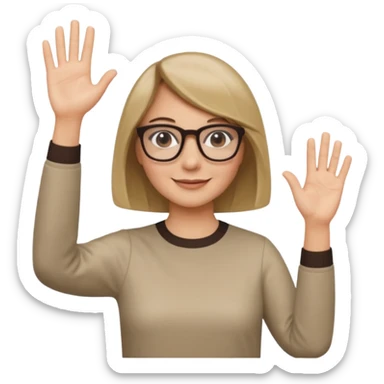 woman dark blonde petite bob haircut wears smaller squared dark  glasses, classic clothes, smiling, waving, a tad older, waving, light colored shirt sticker