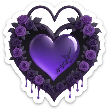 gothic heart, purple glass with a crescent moon, dripping effect, black roses inside a heart, faint lightning in the background, misty rain, cracked glass with a glowing mist sticker