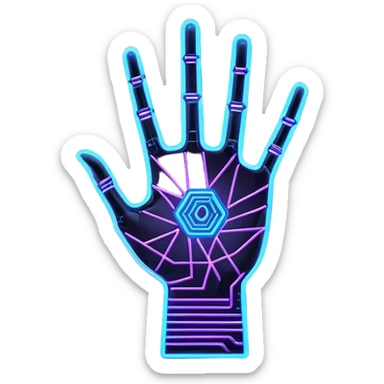 A futuristic abstract logo featuring a geometric hand outline with circuit-like lines, glowing in neon blue and purple, minimal and modern design sticker