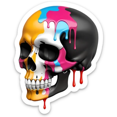 smooth black skull with street art colors and brand logos painted within the skull's surface, minimal paint drips that don't extend past skull outline, angled view sticker