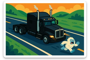 top-down animated style of a modern black Kenworth W680 flat top semi sleeper with stacks chasing a small yeti abominable snowman down a highway, fun and lively, no text sticker
