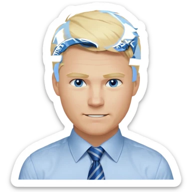 A guy with blonde hair and blue eyes that looks masculine. make him wear a shirt with a tie. he is danish. Make 4 diferent variations. in one he is smilin. in one he is angry sticker