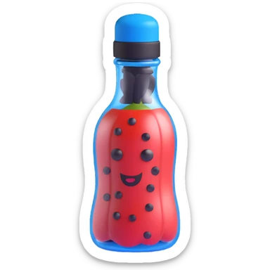 3D style cartoonish pepper bottle, blue cap, transparent body, black pepper, playful look sticker