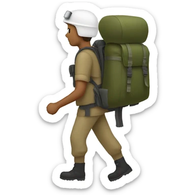 A person hiking with a military rucksack sticker