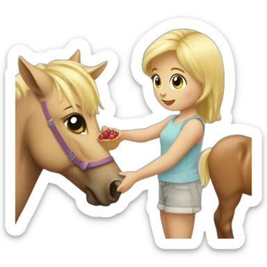 cute blonde girl giving food to a pony sticker