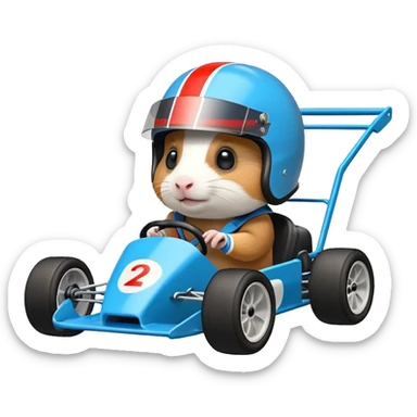 Racing drift car whose frame and suspension is made of shopping cart material is being professionally steered driven by a small thin Guinea pig  sticker