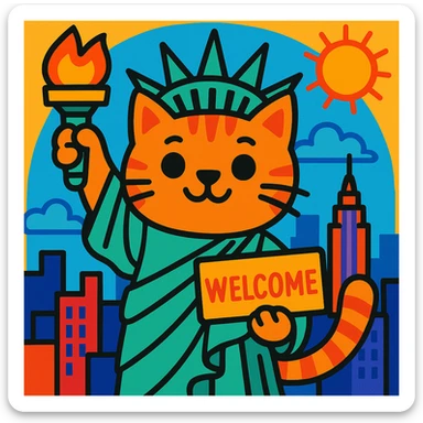 A cat dressed as the Statue of Liberty holding a welcome sign, New York themed, playful and colorful, vibrant toon illustration sticker