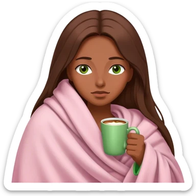 woman with very long brown hair and green eyes in a light pink blanket sleepy with coffee sticker