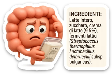 EMOJI STILE IPHONE 3D DI UN INTESTINO CHE HA IN MANO UN BARATTOLO DI YOGURT CONFEZIONATO DA SUPERMERCATO E LEGGE L'ETICHETTA NUTRIZIONALE CON GLI INGREDIENTI IN ITALIANO, ACCANTO ALLO YOGURT CHE HA IN MANO C'è UN FOCUS SULL'ETICHETTA CON GLI INGREDIENTI SCRITTI, FAGLI UN ESPRESSIONE CONFUSA MENTRE LEGGE E FALLO MOLTO REALISTICO IN 3D sticker