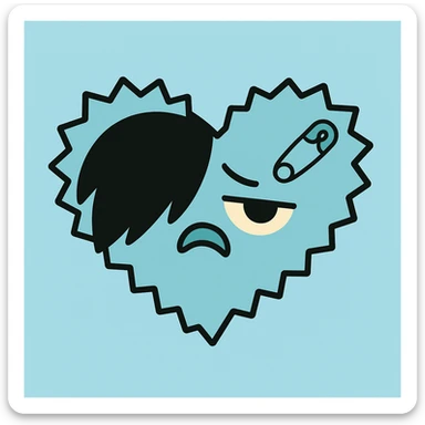 emo heart, jagged edges, pastel blue and black, small safety pin, modern emo aesthetic, pastel palette sticker