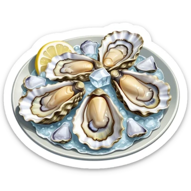 Cinematic fresh oysters on the half-shell, glistening with seawater, served with lemon wedges and ice, soft glowing highlights, elegant and luxurious. sticker