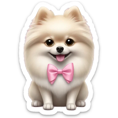 White Pomeranian wearing a pink bow tie hold a bouquet of light pink tulips sticker