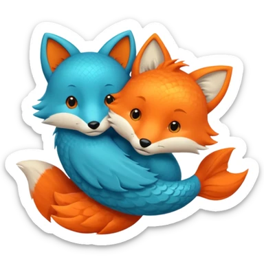 Make a bright orange fish and a teal blue fox that are hugging or cuddling each other sticker