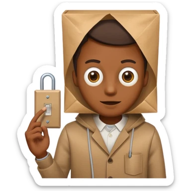 guy with a paper bag with eye holes on his head holding a light switch sticker
