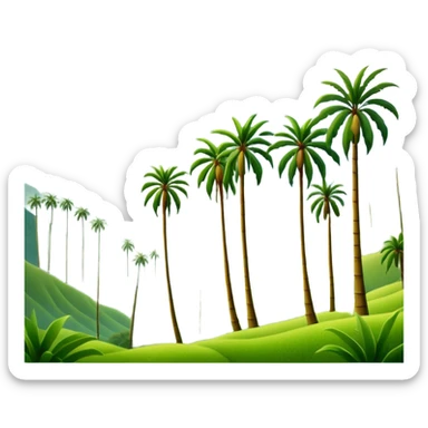Cinematic Realistic Cocora Valley Landmark Emoji, featuring towering wax palm trees swaying in the misty green valley, with rolling hills and distant mountain peaks bathed in warm morning light. sticker