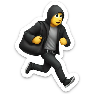 thief running with a black bag in shoulder and money flying sticker