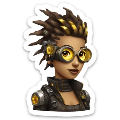 Brown with yellow streaks Mohawk hair female cyborg head, tan skin, steampunk goggles and circuits sticker