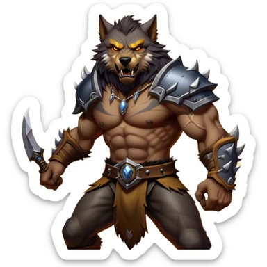 Cinematic Realistic WoW Worgen Portrait, captured in a dynamic, battle-ready stance, muscles rippling beneath his wild fur and tanned skin. His fierce, amber eyes and determined features, set against consistently detailed, worn leather attire, are rendered with dramatic natural lighting and high shine, embodying the raw, relentless fury of a worgen warrior in combat. sticker