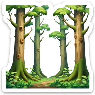 A dense woodland scene with overlapping trunks and misty atmosphere. sticker