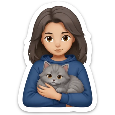 Brunette girl with dark blue sweatshirt snuggling a fluffy grey Siberian cat, cute cartoon style sticker