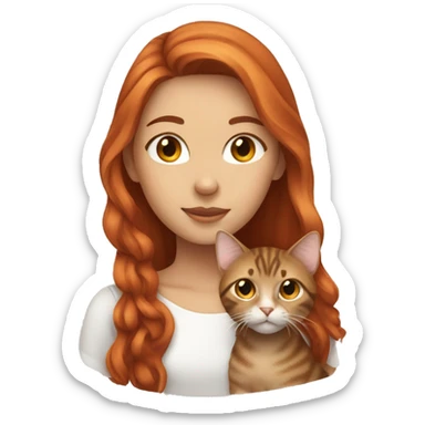 red haired girl with brown eyes holding a brown tabby cat sticker