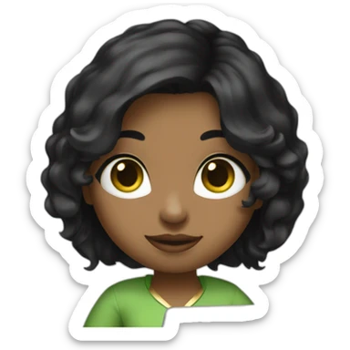 a girl with shoulder length black hair, big ears, green eyes, and a gold heart necklace working on a laptop sticker