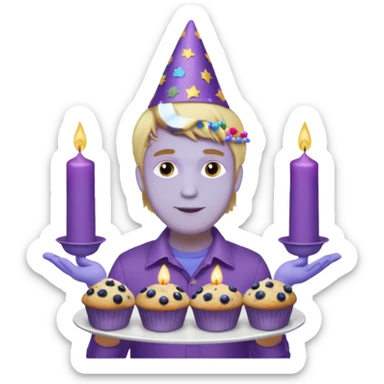 Man with blonde hair wearing purple shirt and a party hat holding several blueberry muffins either candles in them  sticker