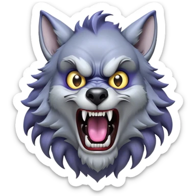 Cinematic Comical Werewolf Portrait Emoji, with a whimsically exaggerated lupine face in vivid moonlit grays and silvers, head cocked in a dramatically shocked expression with comically oversized, wide eyes and a playful snarl, simplified yet hilariously expressive, highly detailed with a soft cartoonish glowing outline capturing the mischievous humor of a werewolf mid-transformation! sticker