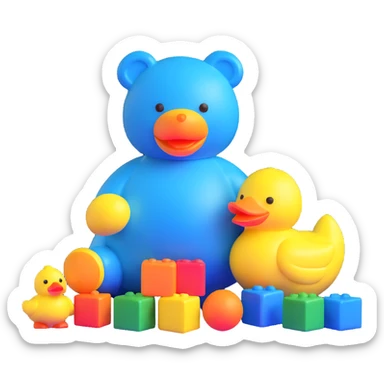 bright playful toys scattered - blue teddy bear, yellow rubber duck, colorful building blocks, rainbow ball, cartoon action figure sticker