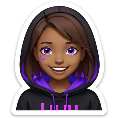 brown haired girl with a bob and blue eyes wearing black hoody with violet letters "Lu", laughs. Cyberpunk style. Violet neon. sticker
