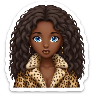 Dark Brunette girl blue eyes with long wavy hair in fluffy leopard fur coat  sticker