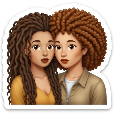 Light skin black woman with freckles and long dreads kissing brown skin woman with brown Curly Afro sticker