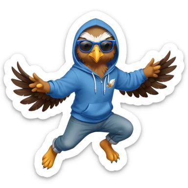 friendly anthropomorphised eagle with arms in a hoodie and jeans jumping and wearing sunglasses sticker