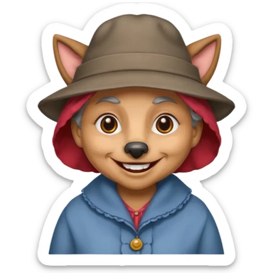 The big bad wolf is wearing Grandma's clothes and a hat, yet its face still looks like a wolf's. sticker
