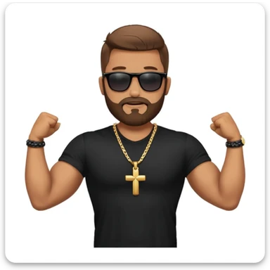 bearded man with sunglasses, black shirt, and cross necklace, flexing arms in a confident pose, outdoor background sticker