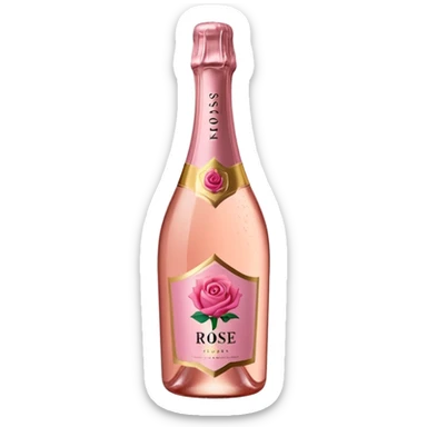 bottle of sparkling rosé with a rose logo on the label, tilted up and to the left, no glass sticker