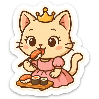 princess cat eating sushi, cartoon style, big eyes, playful, pink dress, whimsical sticker