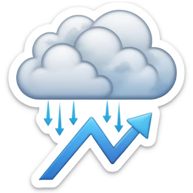 Abstract minimalist emoji showing a downward fading arrow dissolving into mist, with scattered broken lines and a heavy low-hanging cloud form above, symbolising a discipline slump and loss of structure. Muted tones, soft gradients, flat vector icon, transparent background. sticker