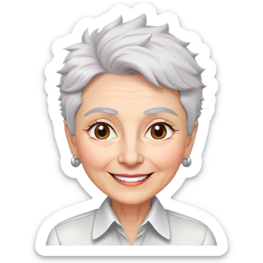 Senior version of Marian Pabón with defined facial structure, light pinkish skin showing age, almond eyes, arched eyebrows, charismatic wide smile, short spiky white-gray hair, more pronounced aging features, wearing a formal white buttoned shirt sticker