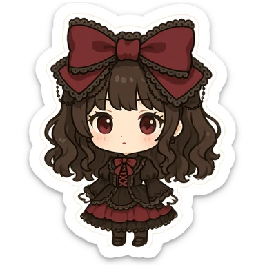 gothic lolita bow, ornate lace, black and crimson, delicate chains, Victorian influence, chibi style sticker