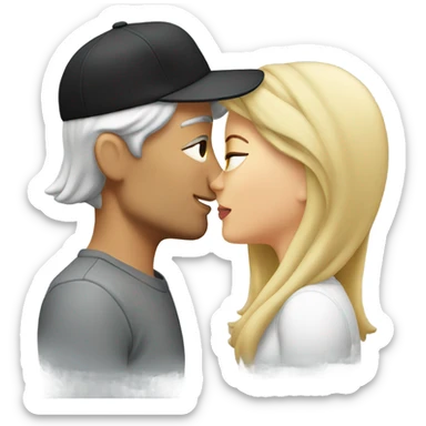 Woman with long blond hair kissing man with short grey hair and a black cap sticker