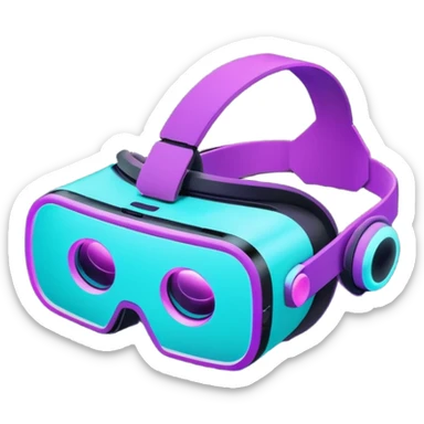 Futuristic glowing neon VR headset, purple and cyan light, dark background, digital tech style sticker