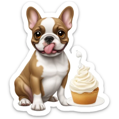 Fawn pied French bulldog eating whipped cream sticker