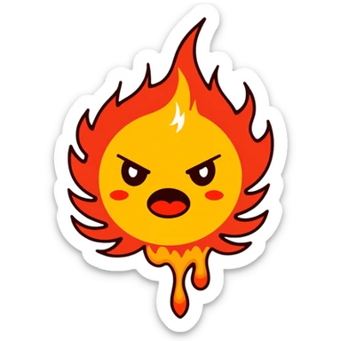 "A highly expressive emoji-style face with wide, bloodshot eyes and an open mouth, breathing a large burst of fire. The emoji has an exaggerated, cartoonish look with bright yellow and orange tones. The fire is detailed with red, orange, and yellow flames, creating a dramatic effect. sticker