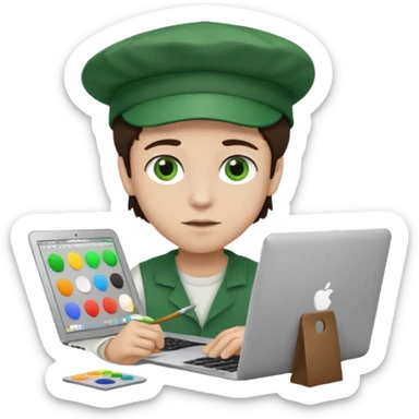 boy working in Macbook, him hat same like painter artist, eyes green color, color hair dark brown sticker