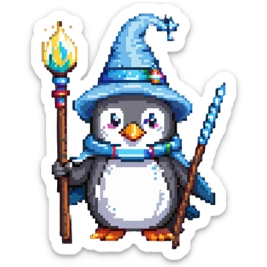penguin wizard with a pointy hat and magic staff sticker