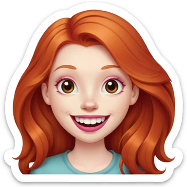 Young girl with pale skin, longer face, full pink lips smiling with big teeth, very long ginger red hair, big brown eyes, bigger nose, big mouth sticker