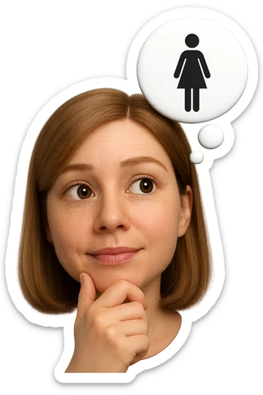 emoji stile iphone di una donna con nuvoletta di pensiero con all'interno la toilet per donne, iperrealistico 4k sticker